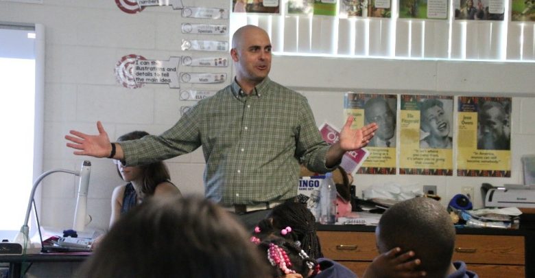 Brad Rosenheim gives a show and tell on Antarctica to students at Campbell Park Elementary school
