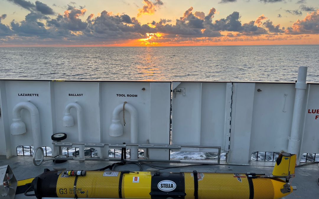 oceanic glider on deck of ship with sunset in the background.