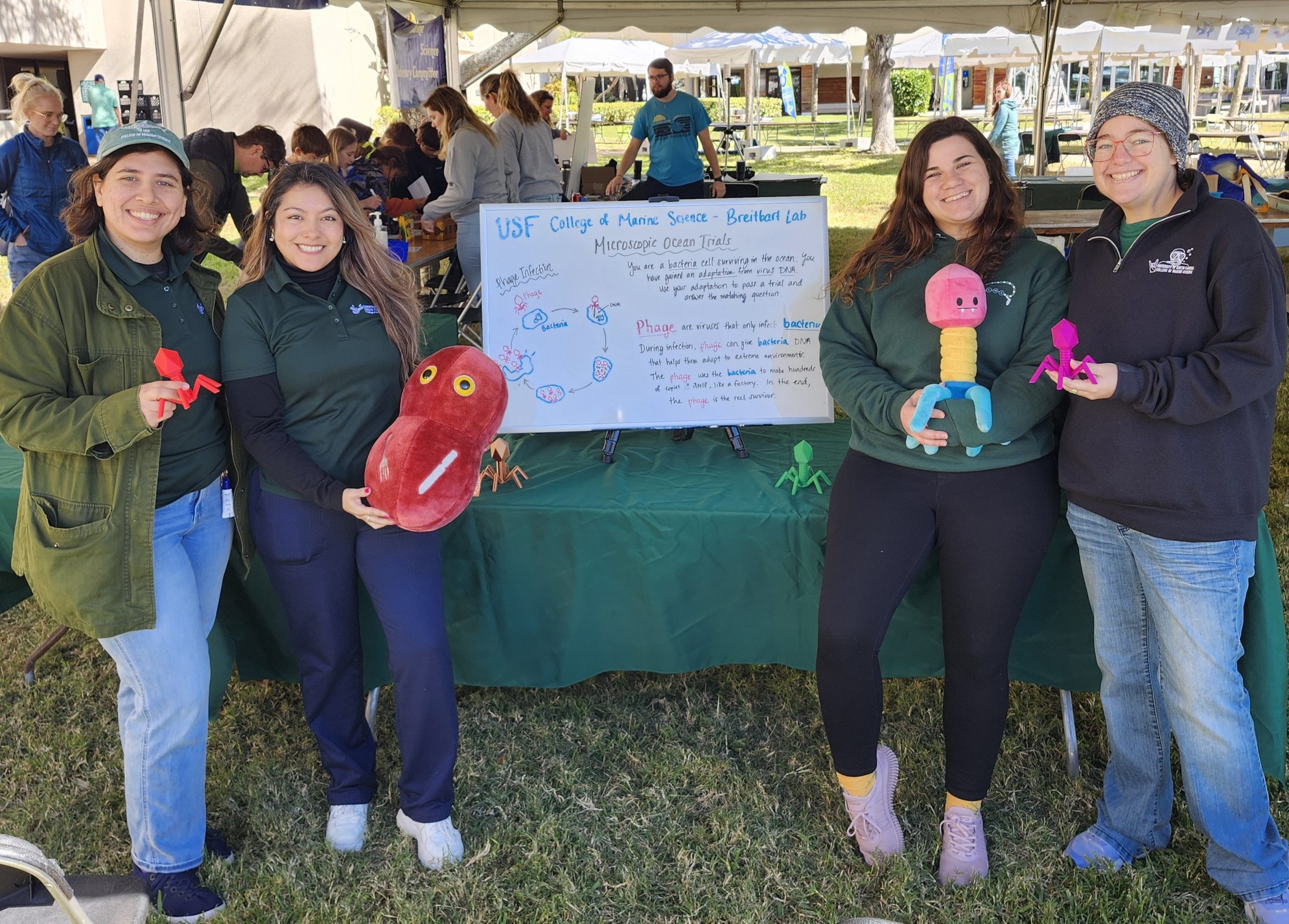 Science festival holding virus and bacteria stuffed animals