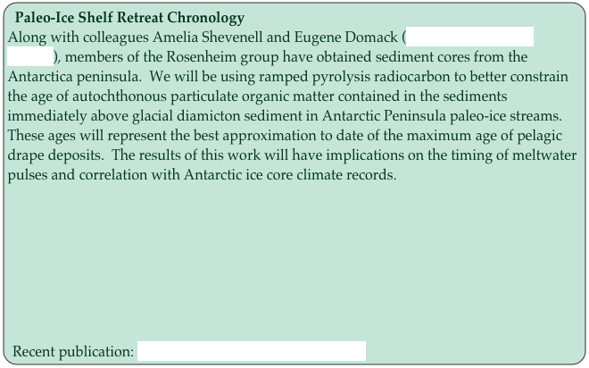 Paleo-Ice Shelf Retreat Chronology
Along with colleagues Amelia Shevenell and Eugene Domack (University of South Florida), members of the Rosenheim group have obtained sediment cores from the Antarctica peninsula.  We will be using ramped pyrolysis radiocarbon to better constrain the age of autochthonous particulate organic matter contained in the sediments immediately above glacial diamicton sediment in Antarctic Peninsula paleo-ice streams.  These ages will represent the best approximation to date of the maximum age of pelagic drape deposits.  The results of this work will have implications on the timing of meltwater pulses and correlation with Antarctic ice core climate records.  








Recent publication: Rosenheim et al., 2013, Radiocarbon