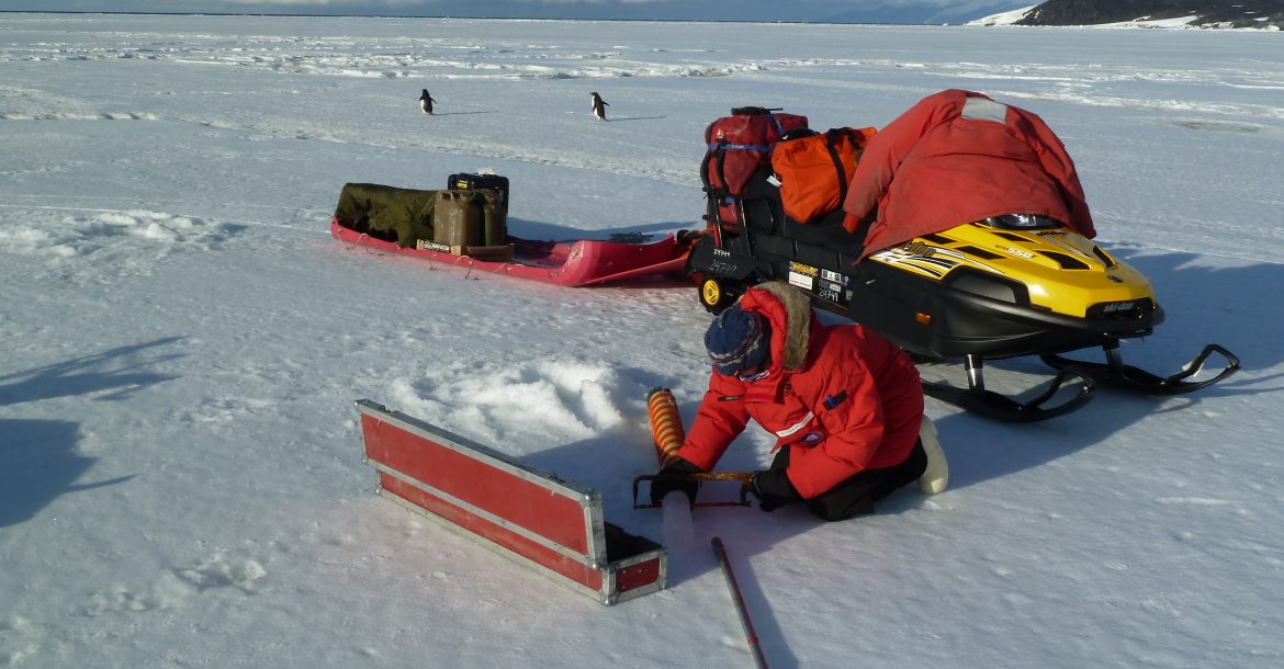 USFCMS researcher taking core samples in Antarctica
