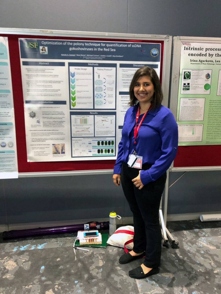 PhD student Natalie Sawaya presents a poster on her research entitled "Optimization of the polony technique for quantification of ssDNA gokushoviruses in the Red Sea"