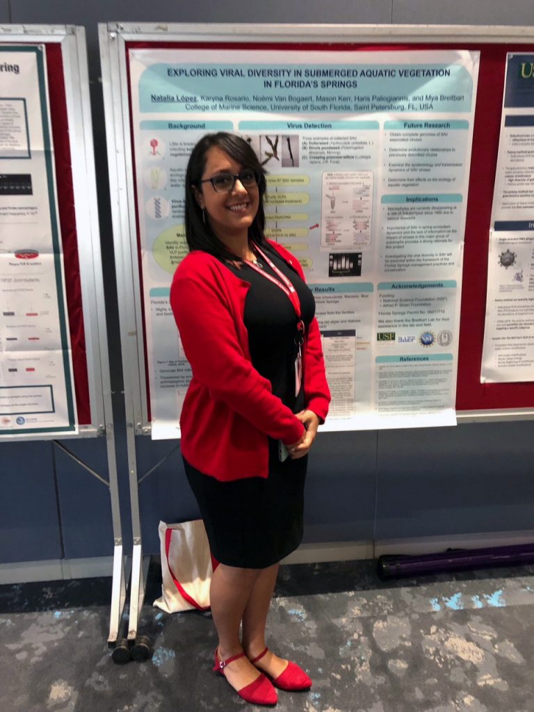 PhD student Natalia Lopez Figueroa presents a poster on her research entitled "Exploring Viral Diversity in Submerged Aquatic Vegetation in Florida's Springs"