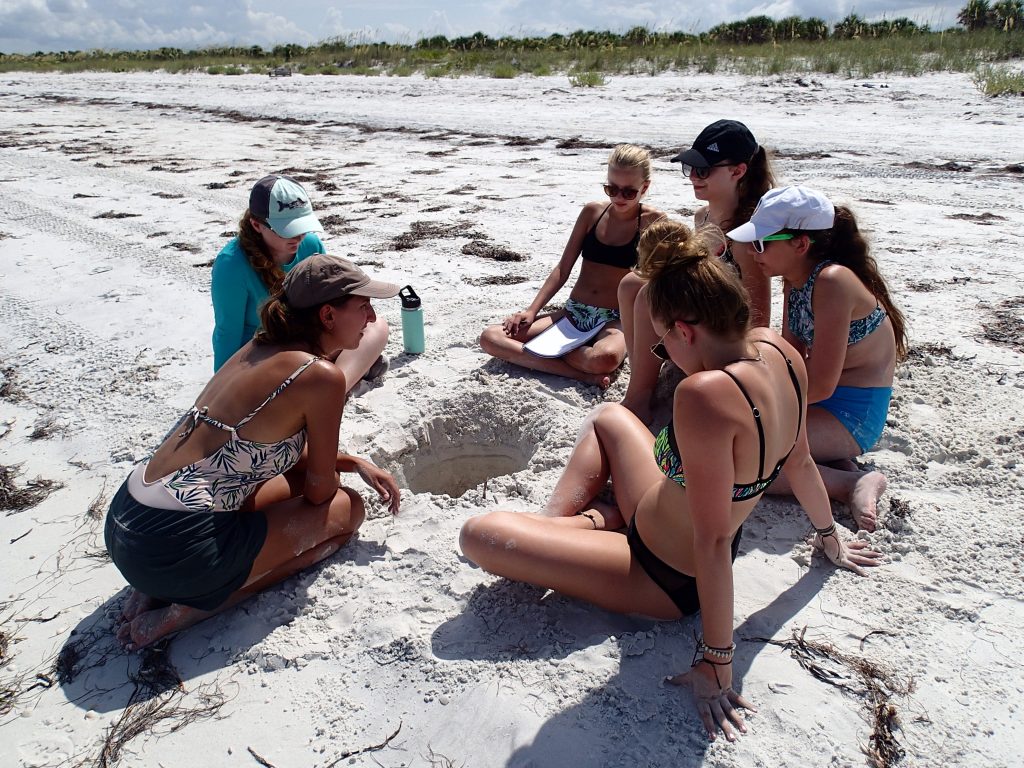 Camp mentor and USFCMS graduate student Carolyn Schafer discusses sediment layers with OCG campers while examining a hole dug on Caladesi Island. Photo credit: OCG Staff