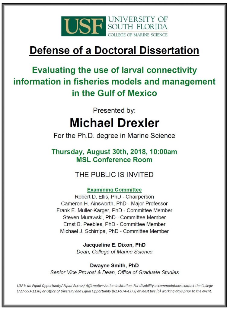 Michael Drexler For The Ph D Degree In Marine Science USF