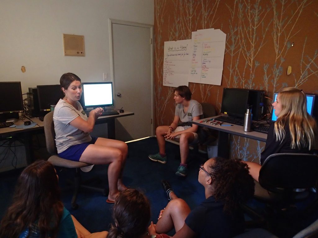 Dr. Marcy Cockrell, camp mentor and recent USFCMS grad, gives a lesson on utilizing online data sets and mapping tools.
