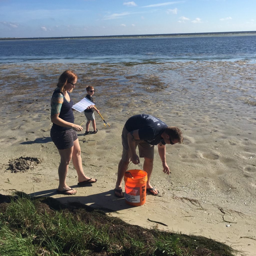 A local family searches the shoreline for trash during the 2018 MSAC Fall Cleanup.