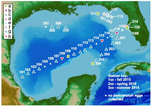Map of plankton stations, identified by SIMPROF group. The symbols for stations 206 and 314 were jittered for clarity, but were much closer to station 120 than depicted here.