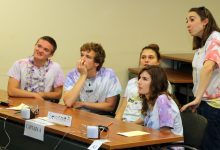 Members of the Seminole High School ‘A team’ review their answers during a break in the action of the Round Robin morning session at the 2019 Spoonbill Bowl.