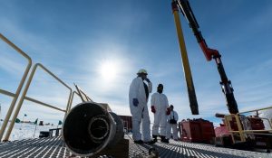 Gravity corer on deck of the drilling platform separated from Subglacial Lake Mercer by a kilometer of ice. Photo Credit: Kathy Kasic, SALSA