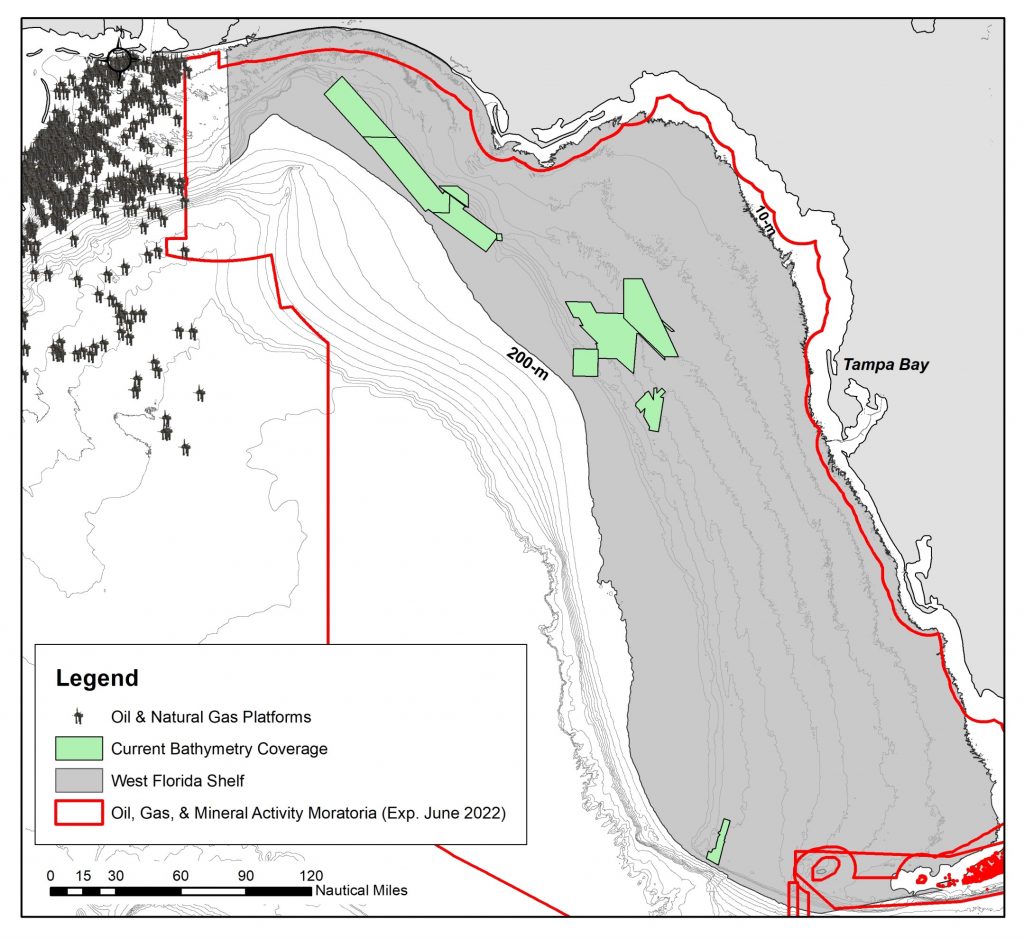 The USF CMS team has mapped several sections of the west Florida shelf – a total area larger than Jacksonville, the largest city in Florida – doubling the areas mapped to date from three to 6 percent. There’s a lot left to map and understand, especially as pressure from the oil and gas industry looms.