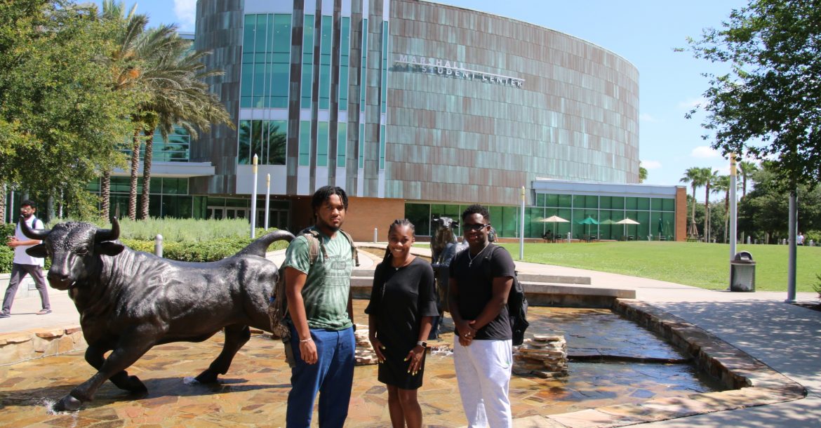 Angel Cedeño, Alexis Peterson, and Tione Grant explored the USF Tampa campus as part of their orientation for the 10-week REU program, sponsored by the National Science Foundation.