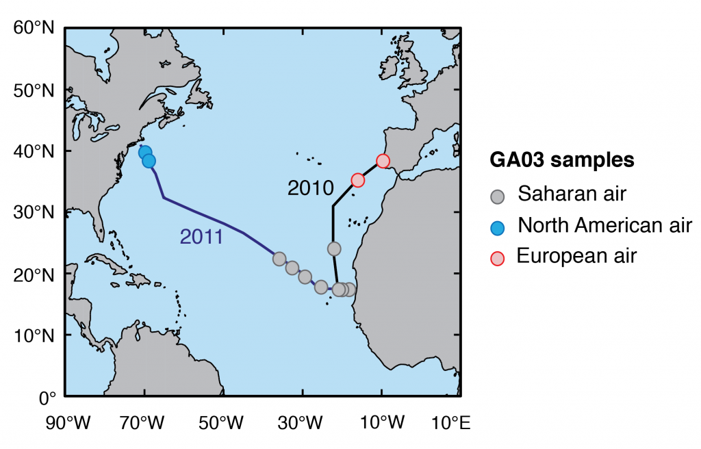 Map showing the sampling locations in the North Atlantic Ocean in 2010 and 2011.