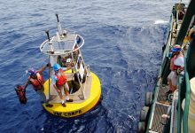 jay-law-robert-weisberg-preparing-to-board-weatherbird-ii-after-installing-wind-sensors-on-a-buoy-deployed-at-sea