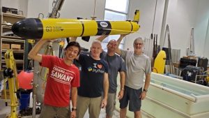 (L to R) Raymond Surya (UW JISAO summer intern from University of Michigan), Ross Hytnen (UW and Allen Institute for Brain Science), Chad Lembke (USF College of Marine Science), John Horne (UW SAFS) Credit: John Horne, University of Washington.