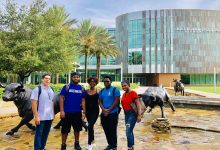 REU participants attended a lunch hosted by Sloan UCEM at USF Top of the Palms with Bernard Batson and COE students. (left to right: Richard Rivera, Angel Cedeño, Jenelle DeVry, Tione Grant, and Alexis Peterson)
