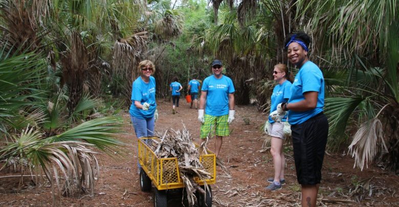 Participants from the Duke Energy Corporation helped to remove fallen trees and marine debris along the coastline during an Ocean Stewardship day.