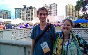 IMaRS lab members attending the opening reception on the Hawaiian Convention Center rooftop garden terrace (other IMaRS attendees lost in the sea of networking), Tylar Murray and Savannah Hartman IMaRS lab members attending the opening reception on the Hawaiian Convention Center rooftop garden terrace (other IMaRS attendees lost in the sea of networking), Tylar Murray and Savannah Hartman