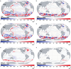 These images show the spatial distribution of the vertical salt flux in the global ocean. In all panels, positive values stand for upward salt transport with the ocean depicted at a depth of 500 meters in the left series and at a depth of 2000 meters in the right series. The influence of the Southern Ocean is strongly apparent. These images show the spatial distribution of the vertical salt flux in the global ocean. In all panels, positive values stand for upward salt transport with the ocean depicted at a depth of 500 meters in the left series and at a depth of 2000 meters in the right series. The influence of the Southern Ocean is strongly apparent.
