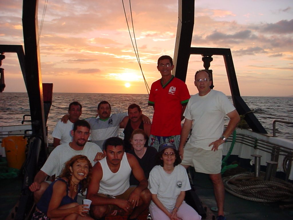 The sun sets on the 21-year CARIACO Ocean Time Series program, which was led by scientists from the U.S. and Venezuela and involved more than 100 researchers from the around the globe. Shown in the photo: Ramón Varela (Co-PI, EDIMAR/FLASA), Yrene Astor (Co-PI, EDIMAR/FLASA), José (Chuchú) Narváez (EDIMAR/FLASA), Aitzol Arellano (EDIMAR/FLASA), Michael McIntyre (USF/U.S.), Glenda Arias (EDIMAR/FLASA), Aparicio Narváez (First Officer), Maxi (crew), German Marin (Chef), and Julio (crew). The sun sets on the 21-year CARIACO Ocean Time Series program, which was led by scientists from the U.S. and Venezuela and involved more than 100 researchers from the around the globe. Shown in the photo: Ramón Varela (Co-PI, EDIMAR/FLASA), Yrene Astor (Co-PI, EDIMAR/FLASA), José (Chuchú) Narváez (EDIMAR/FLASA), Aitzol Arellano (EDIMAR/FLASA), Michael McIntyre (USF/U.S.), Glenda Arias (EDIMAR/FLASA), Aparicio Narváez (First Officer), Maxi (crew), German Marin (Chef), and Julio (crew).