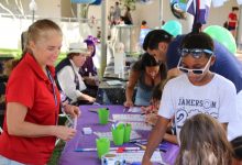 Dr. Christina Simoniello guides young students through an activity at the GCOOS booth during the 2017 St. Pete Science Festival.