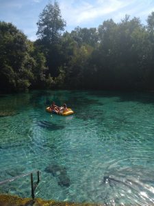 The USF CMS team, whose field and lab work was led by USF PhD student Kema Malki, used an inflatable raft to retrieve samples in May-June 2017 from five springs across northern Florida.In the raft are Malki and USF St. Petersburg student Paige Boleman taking samples at Ichetucknee Springs. The USF CMS team, whose field and lab work was led by USF PhD student Kema Malki, used an inflatable raft to retrieve samples in May-June 2017 from five springs across northern Florida.In the raft are Malki and USF St. Petersburg student Paige Boleman taking samples at Ichetucknee Springs.